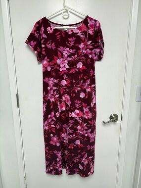 J. Jill Vibrant Berry Floral Midi Dress with  Pink Blooms with belt Size LP